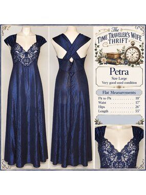 VTG 70's Petra Fashions Navy Blue Stripe W/Lace Long Nightgown Large Glamour